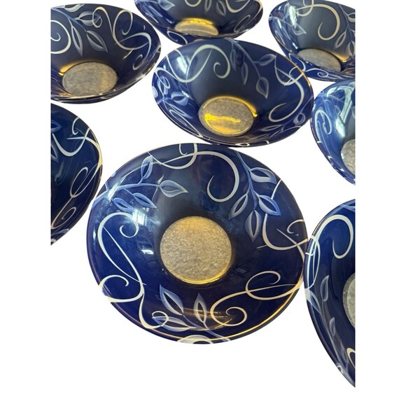 Arcoroc France Salad Bowls Tempered Glass Cobalt Blue Vines Leaves 6.5” Set 8 - Picture 2 of 10